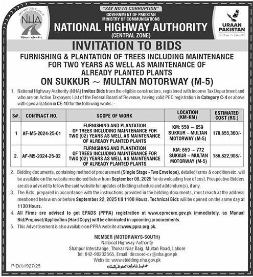 National Highway Authority Lahore Tender Notice